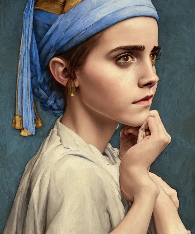 Image similar to Emma Watson as the girl with the pearl earring, highly detailed, digital painting, artstation, concept art, smooth, sharp focus, illustration, ArtStation, art by artgerm and greg rutkowski and alphonse mucha and J. C. Leyendecker and Edmund Blair Leighton and Katsuhiro Otomo and Geof Darrow and Phil hale and Ashley wood and Ilya repin and Charlie Bowater