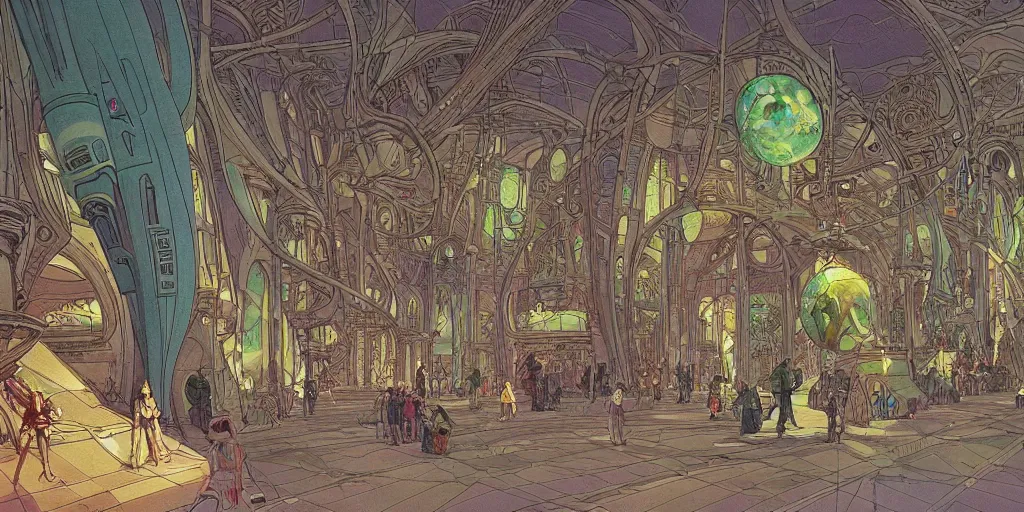 Image similar to cel shaded matte illustration of the the interior of a scifi space station with ornate elven architecture bustling with people, emerald, crystalline, detailed illustration, sharp focus, crisp lines, art by moebius, jean giraud moebius comic illustration