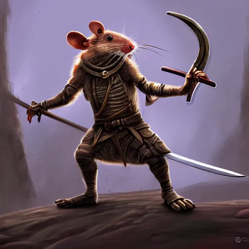 Prompt: antropomorphic rat character buying a sword made out of bone from a trader rat, fantasy art, digital art, fantasy art, matte painting