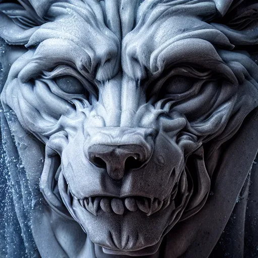 Prompt: a delicate marble sculpture dramatic portrait of a werewolf covered with water veil, highly detailed marble cloth, gi, global illumination, physically based rendering, photorealistic, top light, dark background