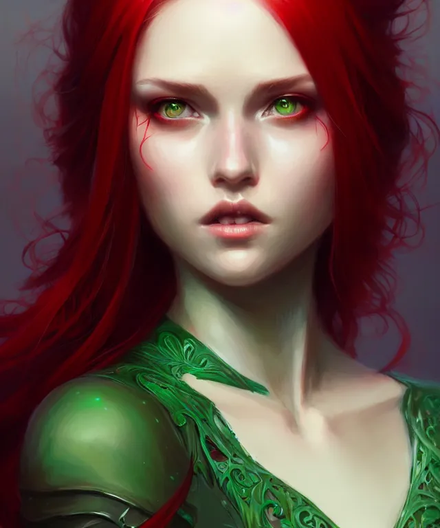 Image similar to Fae teenage girl, portrait, face, long red hair, green highlights, fantasy, intricate, elegant, highly detailed, digital painting, artstation, concept art, smooth, sharp focus, illustration, art by artgerm and greg rutkowski