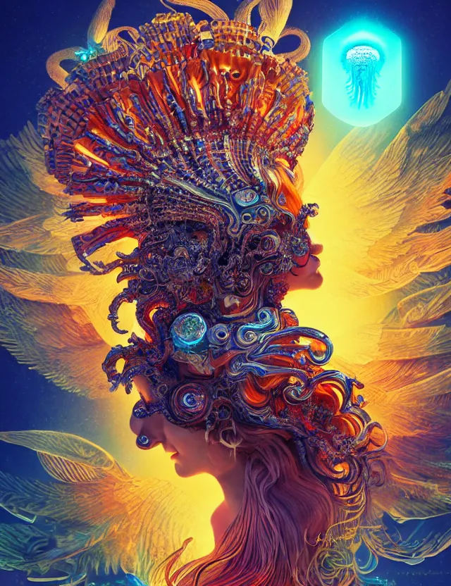 Image similar to goddess phoenix macro close - up portrait with crown made of ram skull. phoenix, betta fish, jellyfish, bioluminiscent, plasma, ice, water, wind, creature, super intricate ornaments artwork by tooth wu and wlop and beeple and greg rutkowski