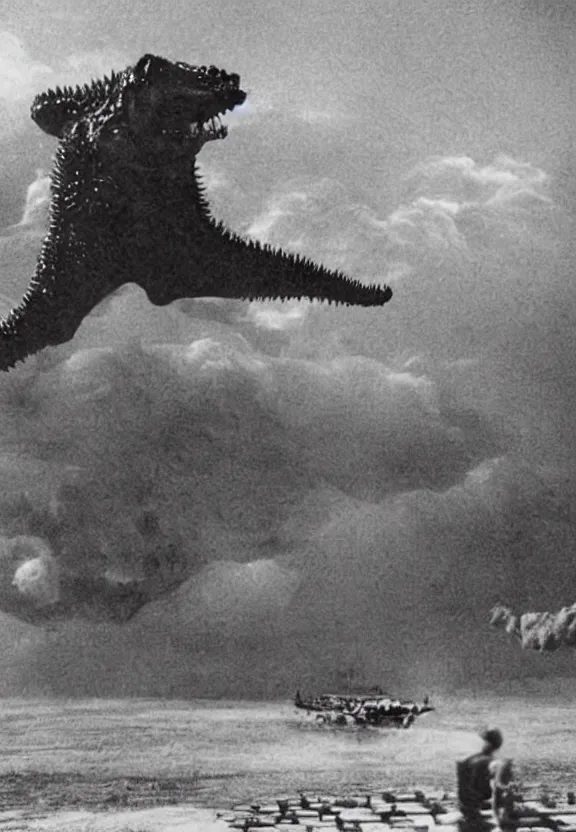 Image similar to a filmstill of a north korean monster movie, kaiju - eiga monster starfish - like trampling a traditional korean palace, foggy, film noir, epic battle, etheral, explosions, communist propaganda, communist epic thriller, by akira kurosawa and wes anderson video compression