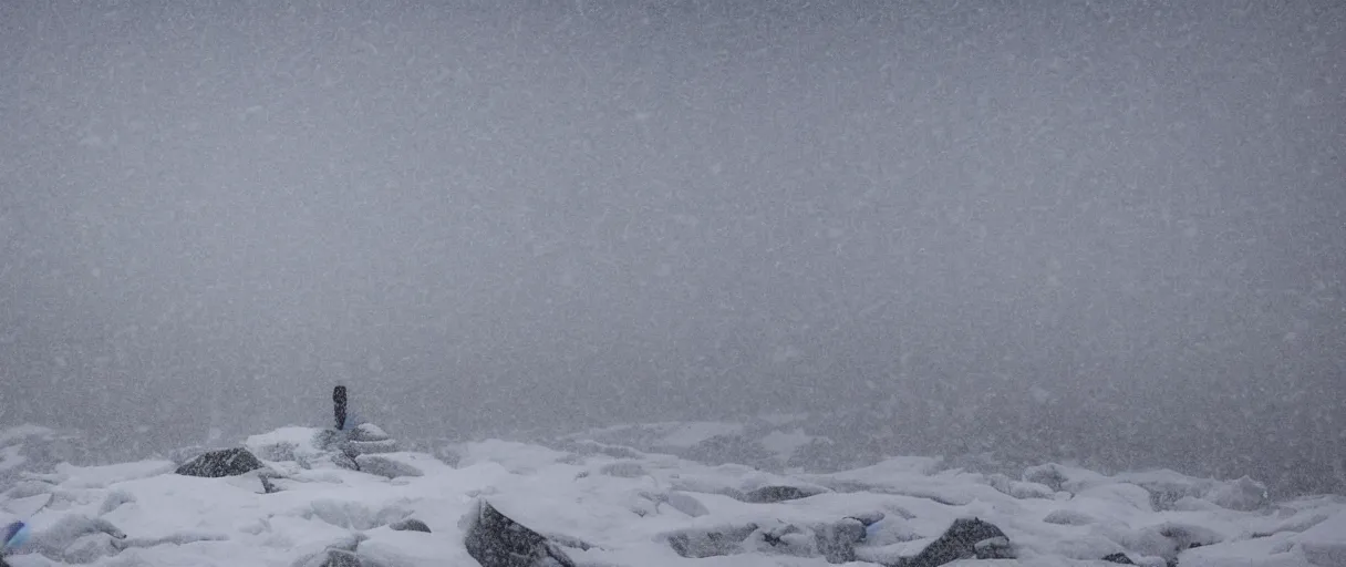 Image similar to a high quality color closeup hd 4 k film 3 5 mm photograph of very heavy snow storm blizzard in desolate antarctica, the faint barely visible silhouette of a bulky man is inside the blizzard