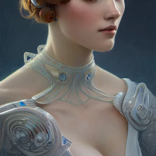 Image similar to beautiful Ameca Humanoid Robot, intricate, elegant, highly detailed, digital painting, artstation, concept art, smooth, sharp focus, illustration, art by artgerm and greg rutkowski and alphonse mucha and loish and WLOP