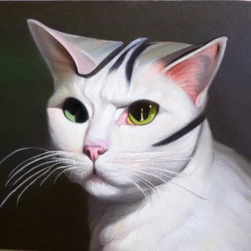 Image similar to a hyper realistic painting of a cat wearing a bicorn hat, super detailed, realistic, thick brush strokes, visible paint layers.