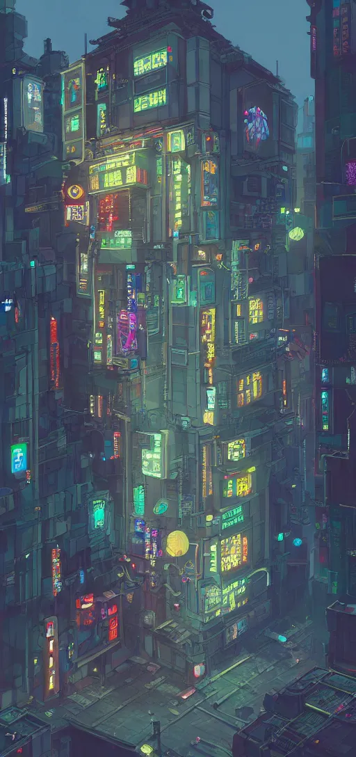 Prompt: A beautiful painting of the most emblematic facade of a cyberpunk gotic, pixelart by Studio Ghibli and Moebius, octane render, zbrush, extremely detailed, pastel colors, trending on artstation