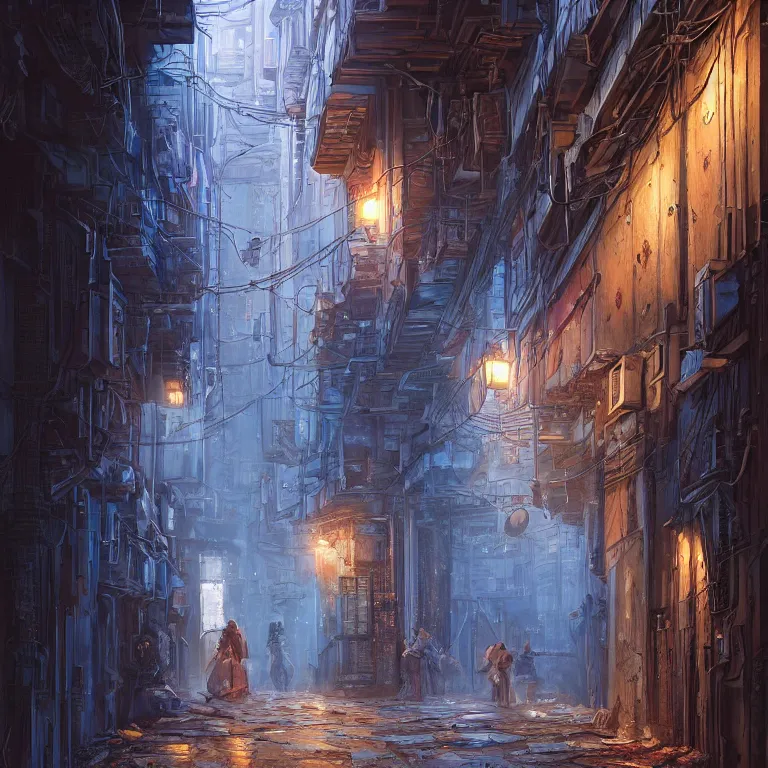 Prompt: hyperrealistic and beautiful painting of an alley way within a grand city, wanderers traveling from afar, classical architecture, technological lights, screens, cyberpunk style, 8 k resolution, by hugh ferris and john smith, polished, fine detail, intricate, blue color scheme, cyberpunk style, smooth, octane, concept art, trending on artstation