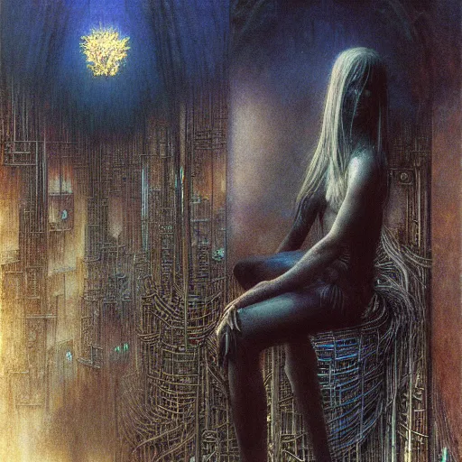 Prompt: cyberpunk dreaming in a a gigeresque world by jean delville by luis royo and wayne barlowe, beksinski