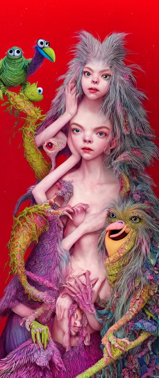 Image similar to hyper detailed 3d render like a Oil painting - kawaii portrait of two Aurora (a beautiful skeksis muppet fae princess protective playful expressive eyes from dark crystal that looks like Anya Taylor-Joy) seen red carpet photoshoot in UVIVF posing in scaly dress to Eat of the Strangling network of yellowcake aerochrome and milky Fruit and His delicate Hands hold of gossamer polyp blossoms bring iridescent fungal flowers whose spores black the foolish stars by Jacek Yerka, Ilya Kuvshinov, Mariusz Lewandowski, Houdini algorithmic generative render, Abstract brush strokes, Masterpiece, Edward Hopper and James Gilleard, Zdzislaw Beksinski, Mark Ryden, Wolfgang Lettl, hints of Yayoi Kasuma and Dr. Seuss, octane render, 8k