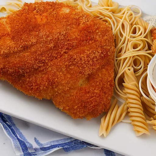 Image similar to photo of breaded chicken and sauce with pasta, professional, studio, 4 k