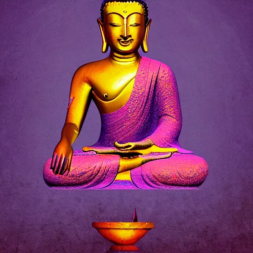 Prompt: The Buddha sitting on a purple Lotus Flower, Buddhist Art, Depth of Field, 4k resolution. Concept art, Abstract art, digital art