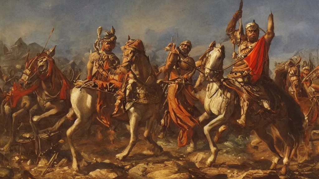 Image similar to nomadic early medieval hunnic khan on horseback surrounded by fires and rubble of roman buildings and mostly destroyed roman buildings, oil painting, cinematic, late antiquity, roman