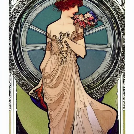 Image similar to modern woman in beautiful dress. mucha style. epic composition. highly detailed.