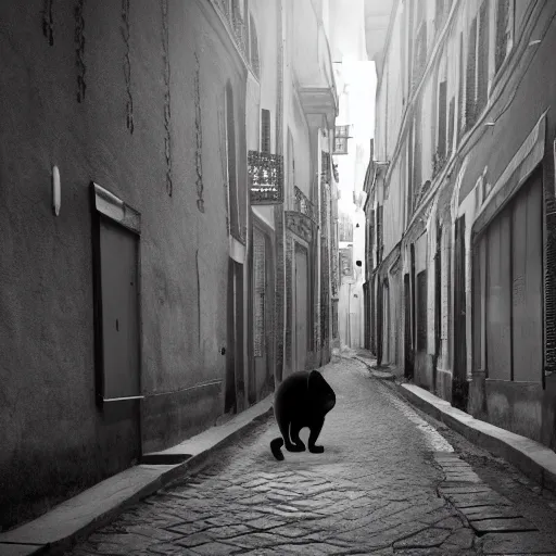 Prompt: Une photo professionnelle en noir et blanc de plusieurs chats noirs dans une ruelle de Paris , deviantart, réalisme, tendance sur artstation, éclairage volumétrique, ray tracing, 8k