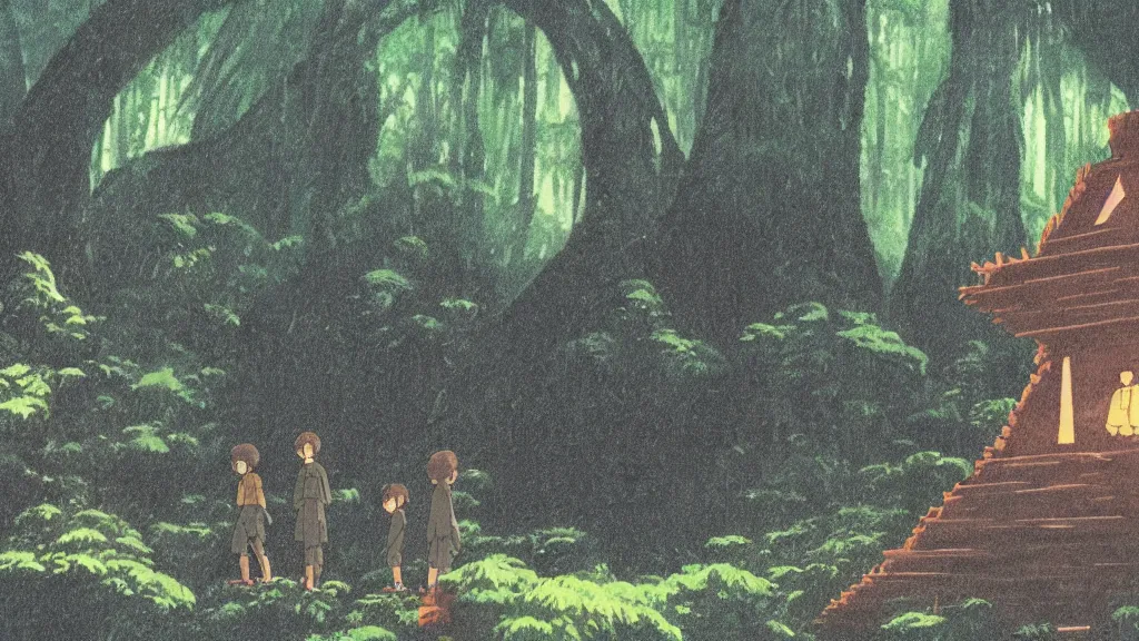 Prompt: a movie still from a studio ghibli film showing a glowing pyramid in the rainforest. a group of heroes train martial arts on a misty starry night. by studio ghibli