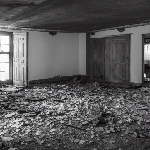 Prompt: night vision footage of inside an abandoned lodge with a tall skinny figure standing in the middle of the room, black and white, realistic, photoreal, dramatic, creepy, 8k