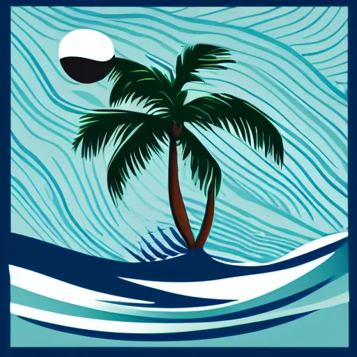 Image similar to waves in bottom front of a palm tree, a giant volleyball with seams in the background, vector logo, professional sports style, flat colour, svg, professional, sharp edges