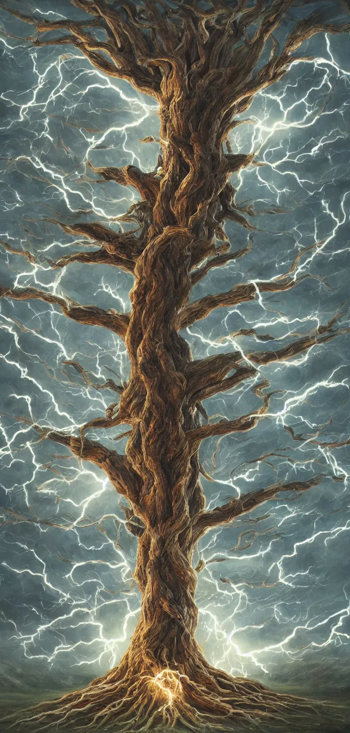 Image similar to detailed painting of the tree of life emitting lightning, tree full of life, realism, idealised, epic tree, deviant art, trending on artstation, cgsociety