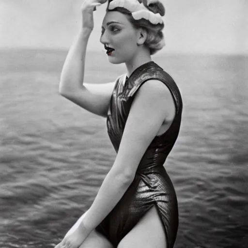 Image similar to a vintage 1 9 4 0 s kodachrome photograph of a avent - gard fashion haute couture collection swimming outfit ensemble inspired by the norse god, freyja.