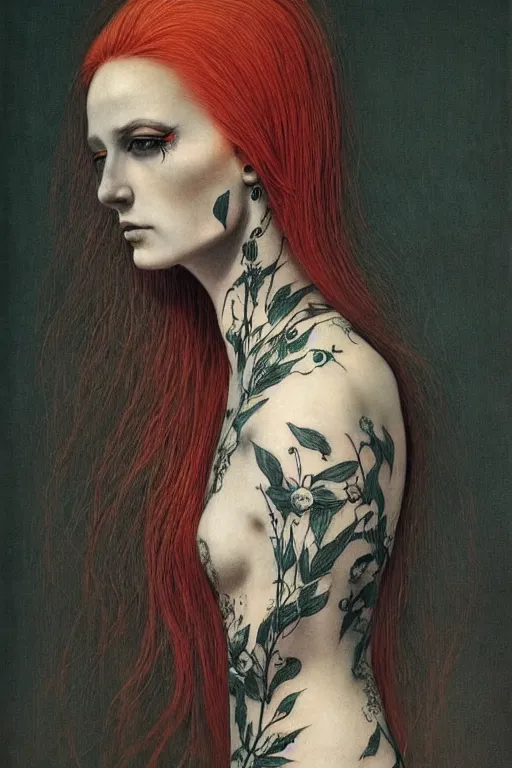 Image similar to portrait of a woman, with long red hair, tattooed face, with black flowers, realistic, by zdzisław beksiński