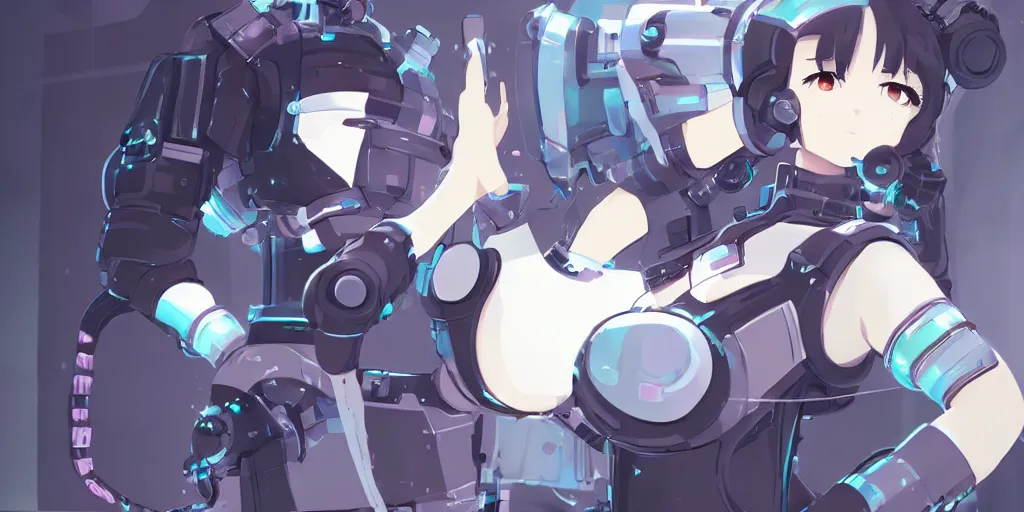 Prompt: cute thicc cyberpunk robotic maid, by makoto shinkai, top of pixiv