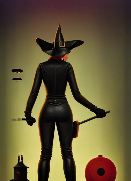 Image similar to perfectly centred realistic picture of a character dressed in leather tight suit and witch hat, dark, poster, ralph mcquarrie, simon stalenhag