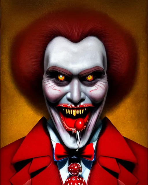 Image similar to dracula ronald mcdonald, character portrait, close up, concept art, intricate details, highly detailed, hyperrealism in the style of otto dix and h. r giger