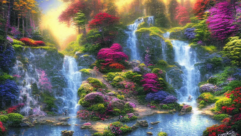 Prompt: beautiful waterfall, illustration by thomas kinkade, colorful, creative design 8 k digital art