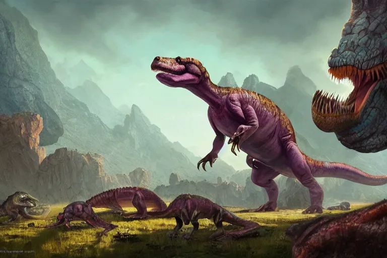 Image similar to barney the dinosaur in a prehistoric landscape, surrounded by larger predatory dinosaurs, tyrannosaurus, danger, fantasy art, greg rutkowski, concept art, highly detailed, artstation, artgerm, behance, cgsociety, natural history