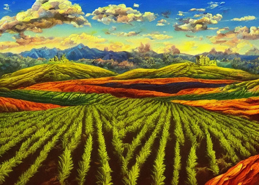 Image similar to beautiful cannabis fields on an alien landscape, colorful oil painting