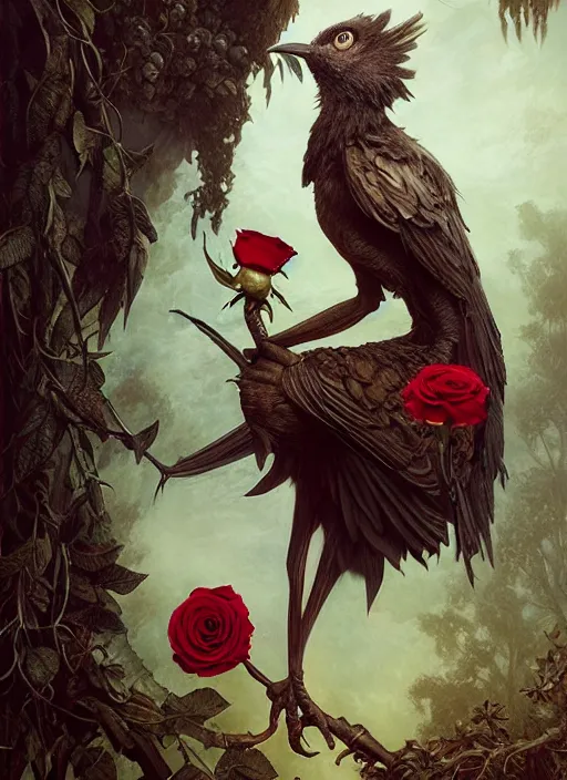 Image similar to the bird has grown its arms and is holding a rose, hyperrealism, no blur, 4 k resolution, ultra detailed, style of tyler edlin, tom bagshaw, arthur rackham, ivan shishkin