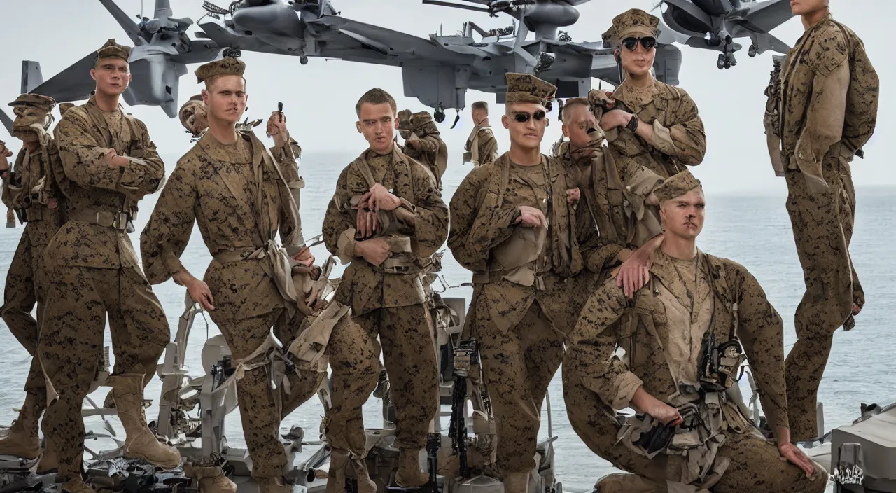 Image similar to us marines portrait, on aircraft carrier, highly detailed, fashion editorial, by jimmy nelson