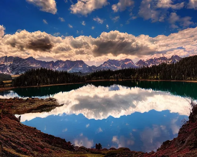 Prompt: mountains with a small lake, clouds in the sky, water reflecting suns light, dramatic landscape mode made by Clay Collier