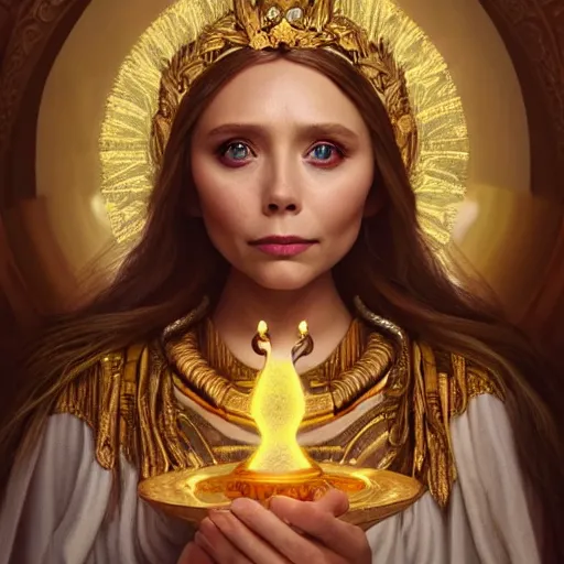 Prompt: elizabeth olsen as the goddess of tranquility and offerings!!!!!!, golden ratio!!!!!, centered, trending on artstation, 8 k quality, cgsociety contest winner, artstation hd, artstation hq, luminous lighting