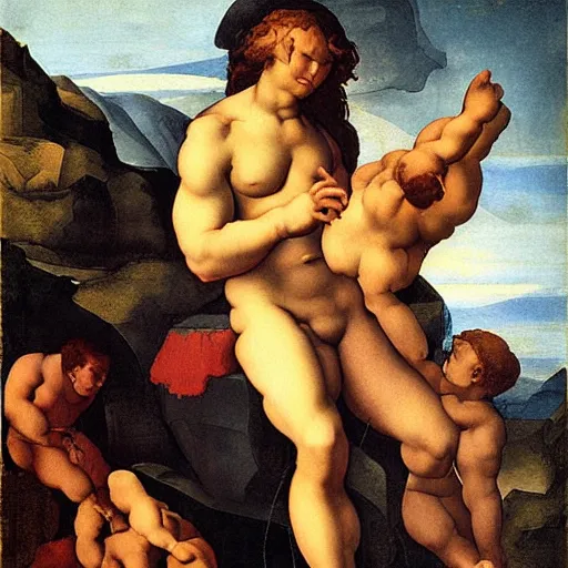 Prompt: shirtless, mountain woman physicist, oil painting by michelangelo