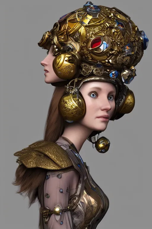 Image similar to cyber helmet 3 d render of english princess holding birds, ornaments, mucha vibe, dieselpunk, solarpunk, artstation, andrei riabovitchev