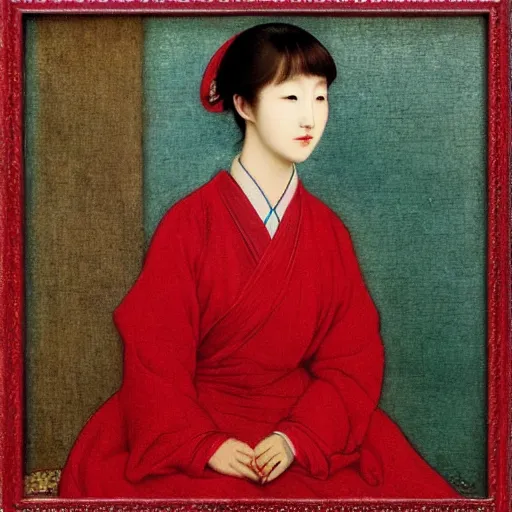 Image similar to “pre-Raphaelite Korean woman in red dress”