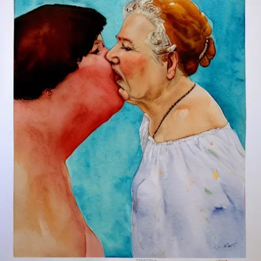 Prompt: a very funny realistic style watercolor painting of a sweet fat old woman kissing her reflection. symmetrical face, red mouth, blue eyes. a flowered dress. a hyper - realistic scene. 3 d, octane processing, deep focus, white scene. a very funny and sweet picture. unreal engine. watercolor. fellini cinematic style. poster quality. freud painting style