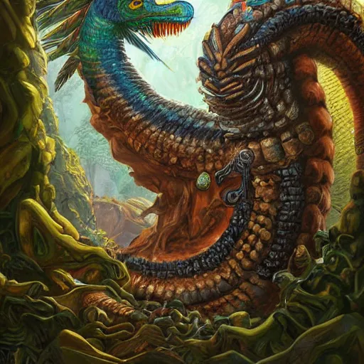 Image similar to digital painting of quetzalcoatl, by filipe pagliuso and justin gerard, jungle, fantasy, highly detailed, ominous, intricate, gigantic, portrait, snake