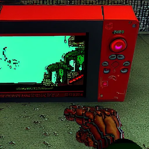 Image similar to a screenshot of the video game doom running on a toaster which is itself inside of the video game doom