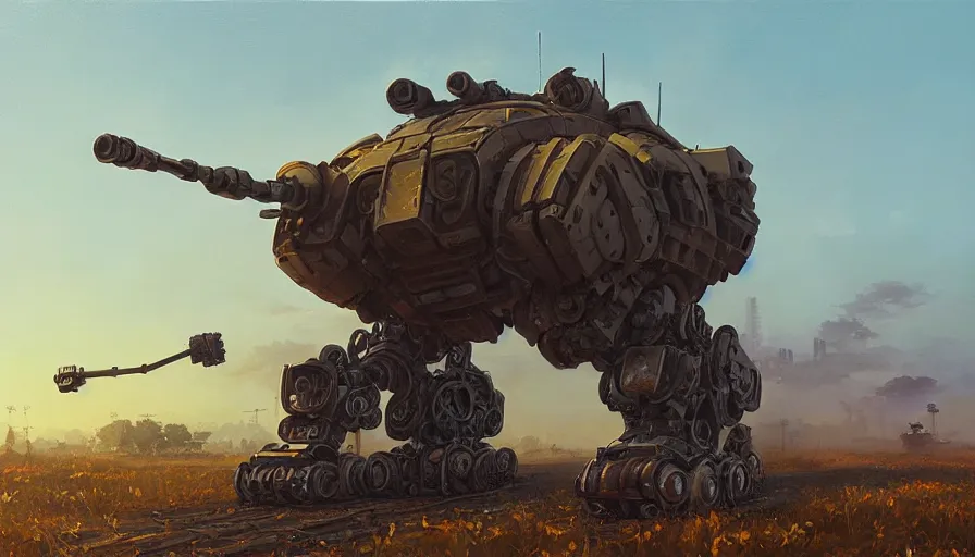 Prompt: an intricate oil painting of a giant scrap metal anime armored tank humanoid mecha with rounded components by simon stalenhag