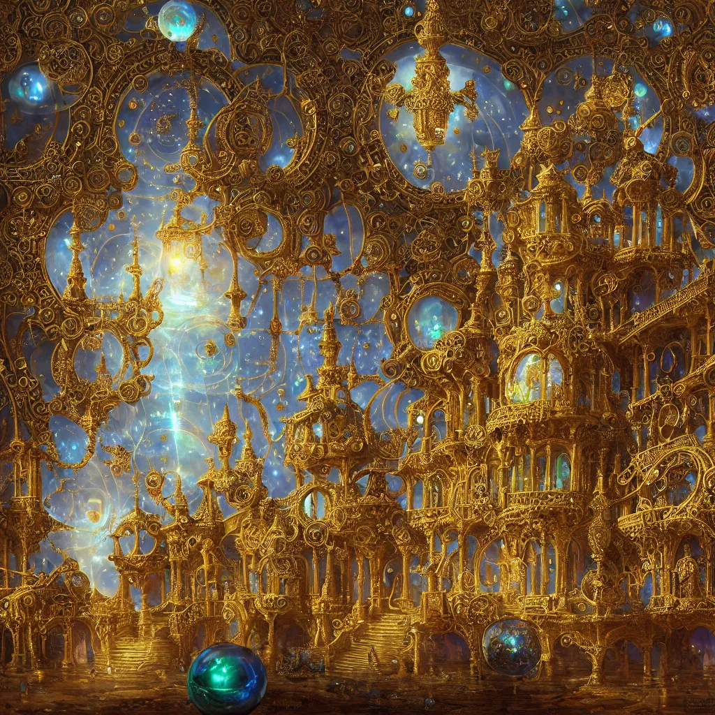 Prompt: soap bubble mind, symetrical highly detailed ornate with jewels and precious metals futuristic, sandman kingdom, outside view from castle kingdom of dreams, space ships, hiperrealistc, global illumination, radiant light, cosmic detailed and intricate environment, gold, silver, bronze, rubi, emerald, sapphire, aquamarine, topaz, art by andreas achenbach