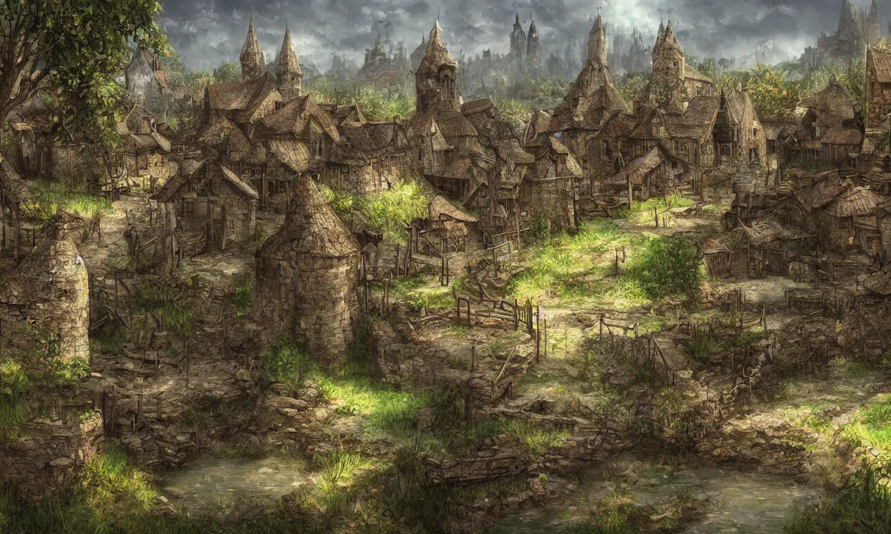 Prompt: a medieval village, palisade, swamp, digital art, illustration, fantasy
