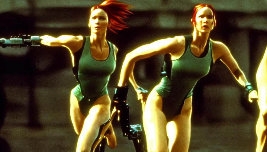 Image similar to The matrix, LeeLoo, Starship Troopers, Katniss Everdeen, 1960's Olympics footage, hurdlers in a race with robotic legs, intense moment, cinematic stillframe, backlit, The fifth element, vintage robotics, formula 1, starring Geena Davis, clean lighting