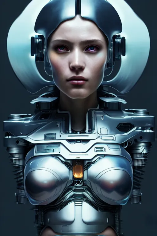 Image similar to ultra detailed, the creation of a female android, sci - fi, eerie, cyborg, cyberpunk, fantasy, triadic color scheme, octane render, matte painting, asymmetrical, intricate concept art, triadic color scheme, art by artgerm and michelangelo and dzo and greg rutkowski and alphonse mucha and wlop