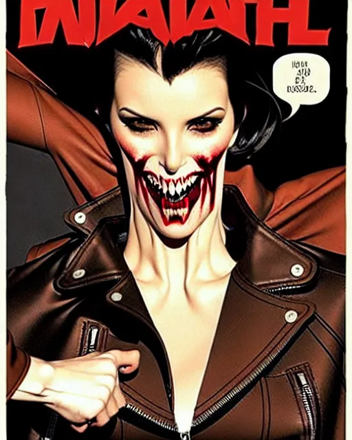 Prompt: Rafael Albuquerque comic cover art, Norman Rockwell, Joshua Middleton, pretty Ivanka Trump vampire, sharp vampire teeth, sarcastic smile, brown leather jacket, jeans, long black hair, full body, building on fire, cool colors