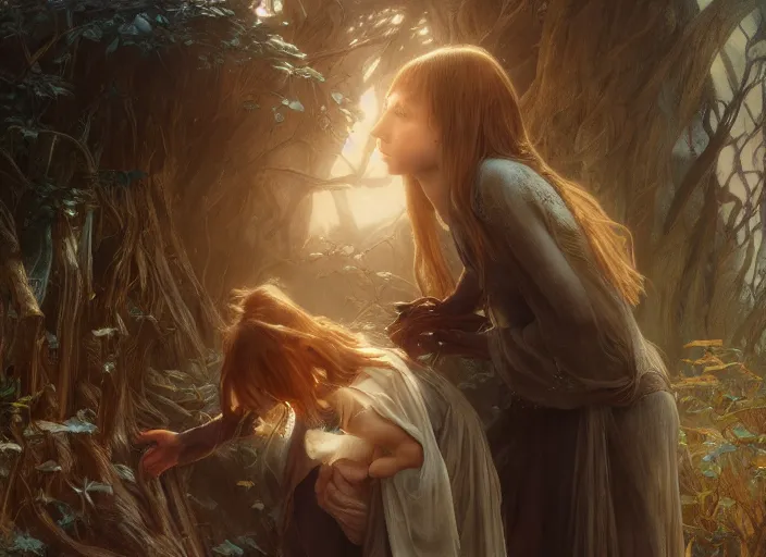 Image similar to a dramatic highly detailed render of the kids of Galadriel and Gollum, Middle-earth , by WLOP and Artgerm and Greg Rutkowski and Alphonse Mucha, Beautiful dynamic dramatic dark moody lighting, shadows, cinematic atmosphere, Artstation, Octane render, 8K, masterpiece, sharp focus, hyperrealistic, photograph