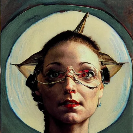 Image similar to Frontal portrait of a science fiction priestess. A painting by Norman Rockwell.