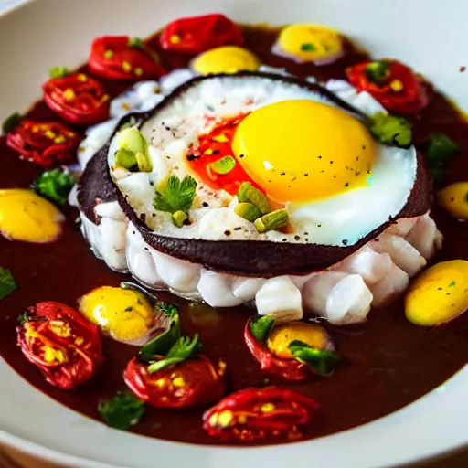 Prompt: “Black pudding ceviche in leche de tigre, roasted tomatoes, fried egg, chili oil, Michelin starred restaurant, award winning photography, 40mm, f4”